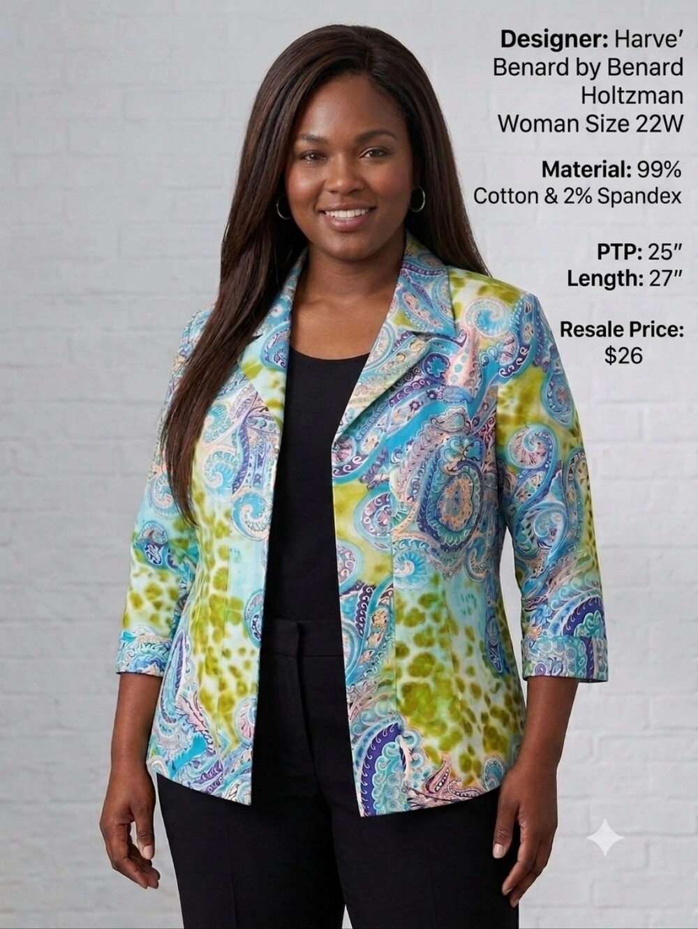 Harvé Benard Paisley Button Up Jacket Women’s Size 22W Turquoise Green